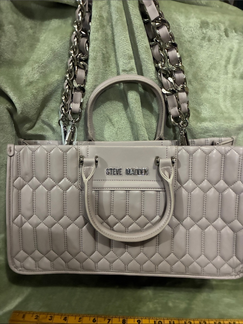 Steve Madden Quilted Light Gray Satchel with Chain-Strap